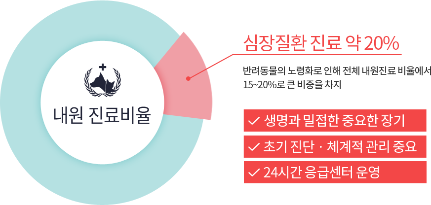 내원 진료비율 심장질환 진료 약 20% 반려동물의 노령화로 인해 전체 내원진료 비율에서 15~20%로 큰 비중을 차지 생명과 밀접한 중요한 장기 초기 진단 · 체계적 관리 중요 24시간 응급센터 운영 
