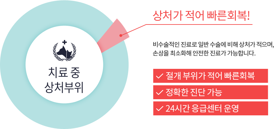 상처가 적어 빠른회복! 비수술적인 진료로 일반 수술에 비해 상처가 적으며, 손상을 최소화해 안전한 진료가 가능합니다. 절개 부위가 적어 빠른회복 정확한 진단 가능 24시간 응급센터 운영 