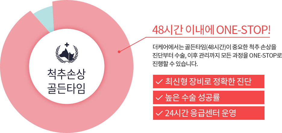 48시간 이내에 one-stop!  더케어에서는 골든타임(48시간)이 중요한 척추 손상을 진단부터 수술, 이후 관리까지 모든 과정을 one-stop로 진행할 수 있습니다. 최신형 장비로 정확한 진단 높은 수술 성공률 24시간 응급센터 운영 
